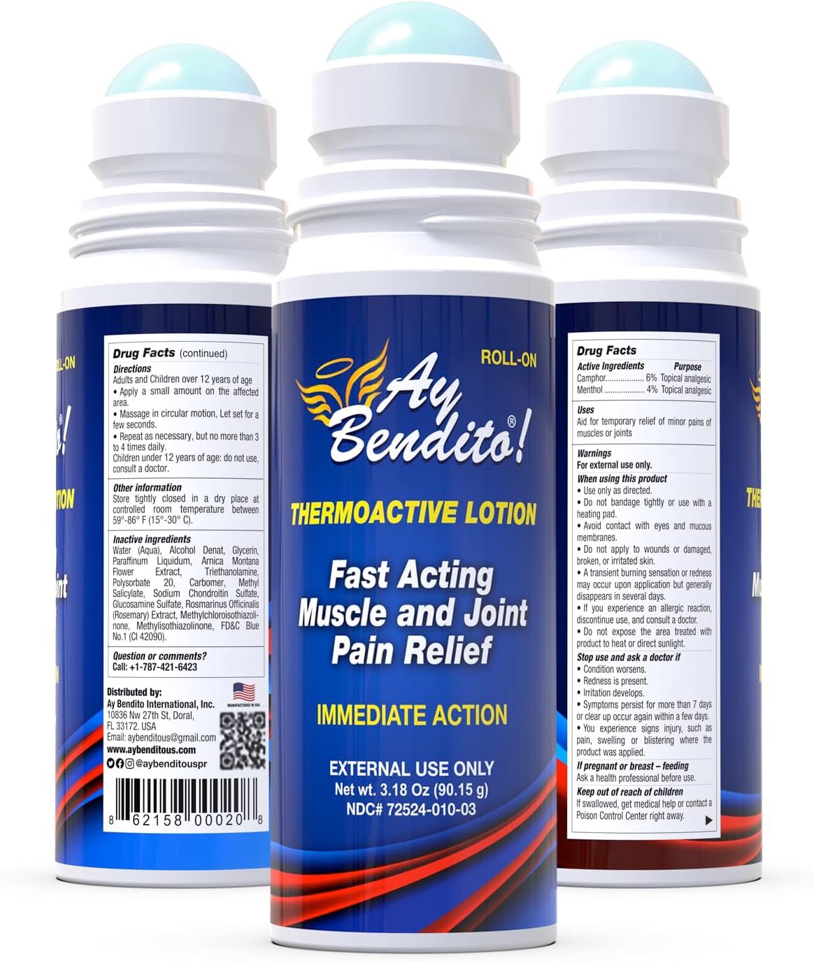 Ay Bendito! Thermoactive Lotion for Quick Joint and Muscle Pain Relief - 3.18 oz Roll-on - 2 Pack