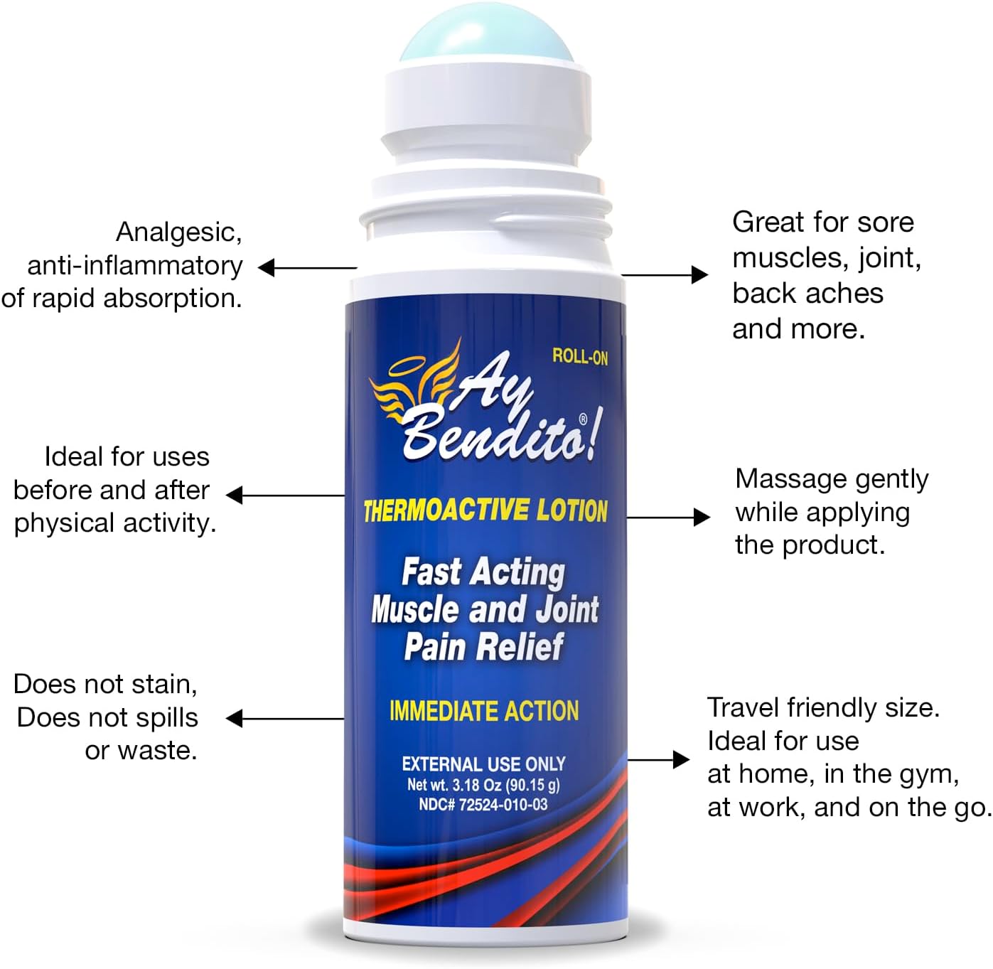Ay Bendito! Thermoactive Lotion for Quick Joint and Muscle Pain Relief - 3.18 oz Roll-on - 2 Pack