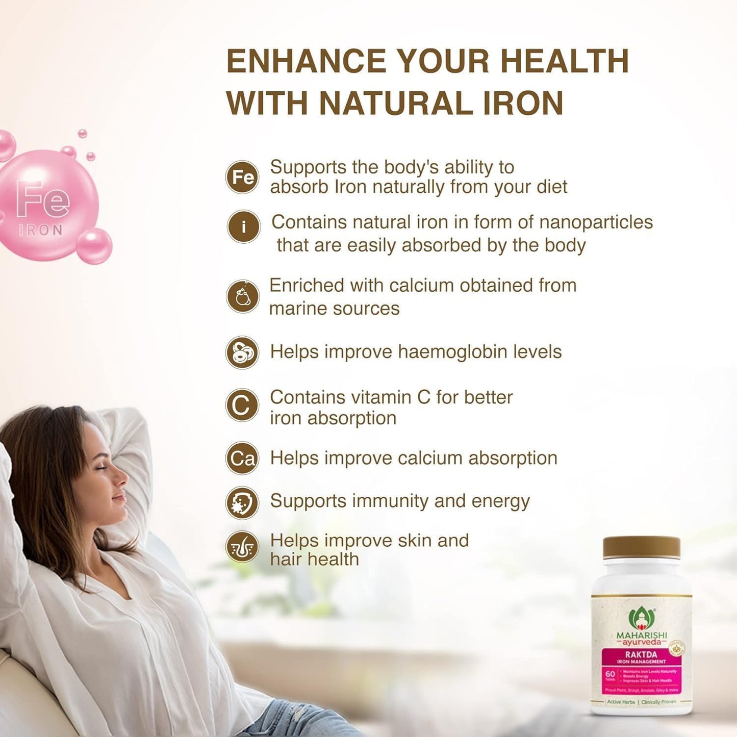 Ayurvedic Iron Supplement with Calcium for Men and Women | Promotes Healthy Haemoglobin Levels | Enhances Energy and Skin Health | 60 Tablets