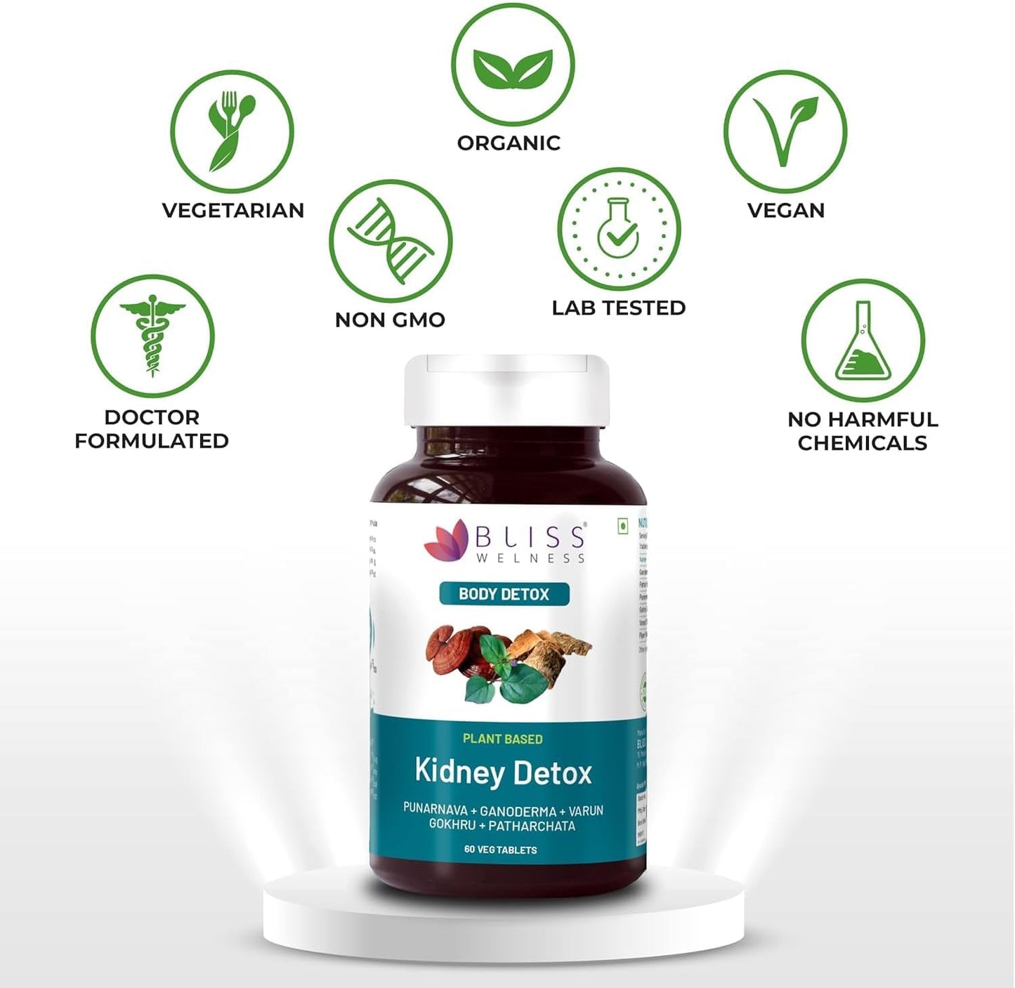 Ayurvedic Kidney Detox Supplement with Punarnava, Patharchatta, Gokhru, and Ganoderma Extracts for Kidney Support - 60 Veg Tablets