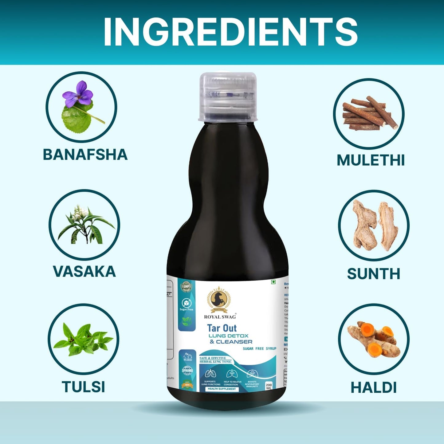 Ayurvedic Tar Out Syrup - Sugar Free Lungs Detox (200 ML) - Herbal Remedy for Tar Removal from Smoke and Air Pollution