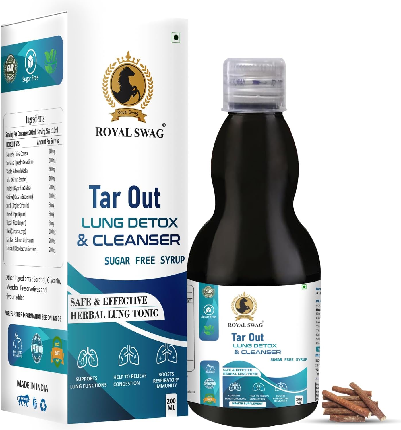 Ayurvedic Tar Out Syrup - Sugar Free Lungs Detox (200 ML) - Herbal Remedy for Tar Removal from Smoke and Air Pollution
