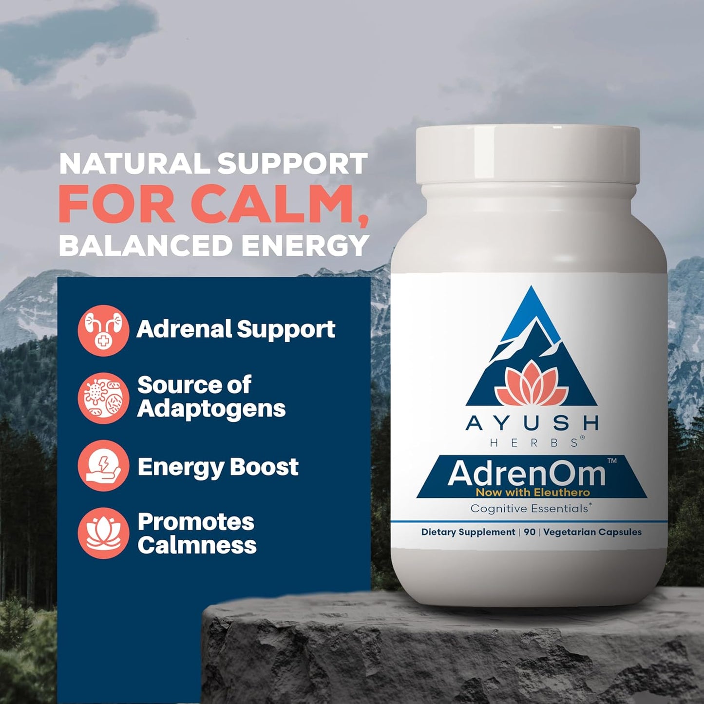 Ayush Herbs AdrenOm - Herbal Adrenal Support Supplement for Men & Women - Ashwagandha & Eleuthero for Adrenal Balance, Cognitive Function & Calm - 90 Capsules