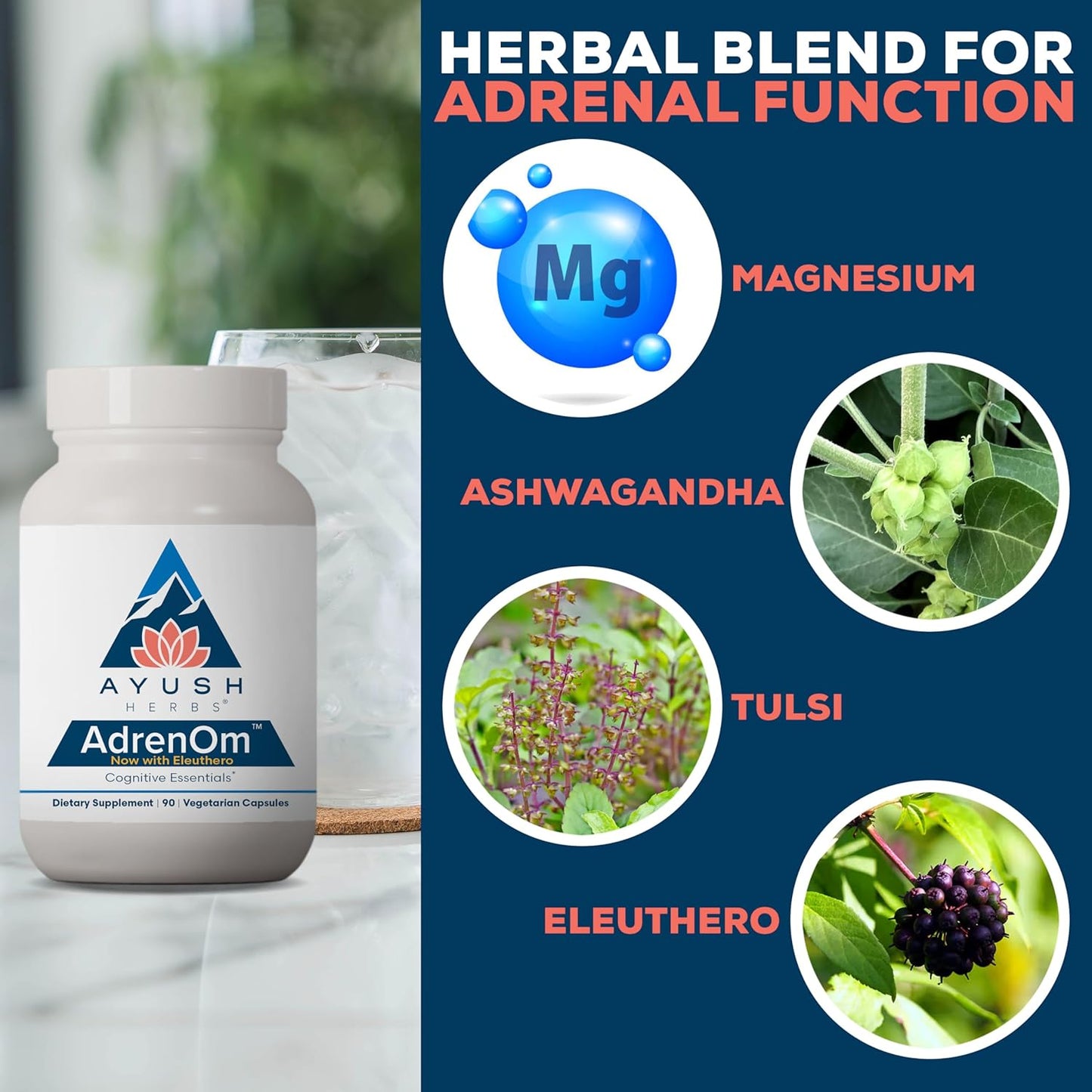 Ayush Herbs AdrenOm - Herbal Adrenal Support Supplement for Men & Women - Ashwagandha & Eleuthero for Adrenal Balance, Cognitive Function & Calm - 90 Capsules