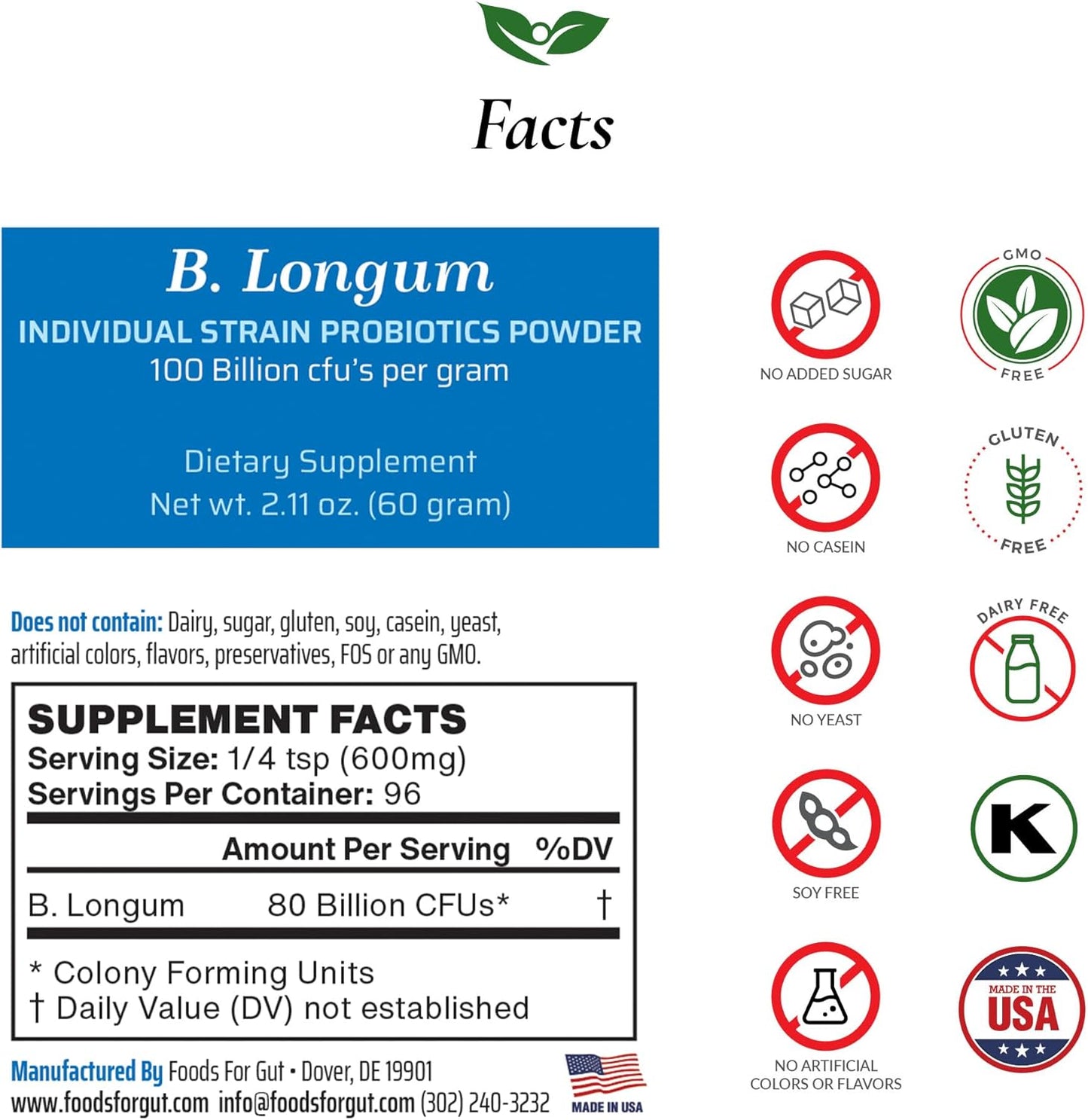 B. Longum Probiotic Powder 100 Billion cfu's | USA Made | No Additives | Digestive & Immune Support | High Potency | 60g