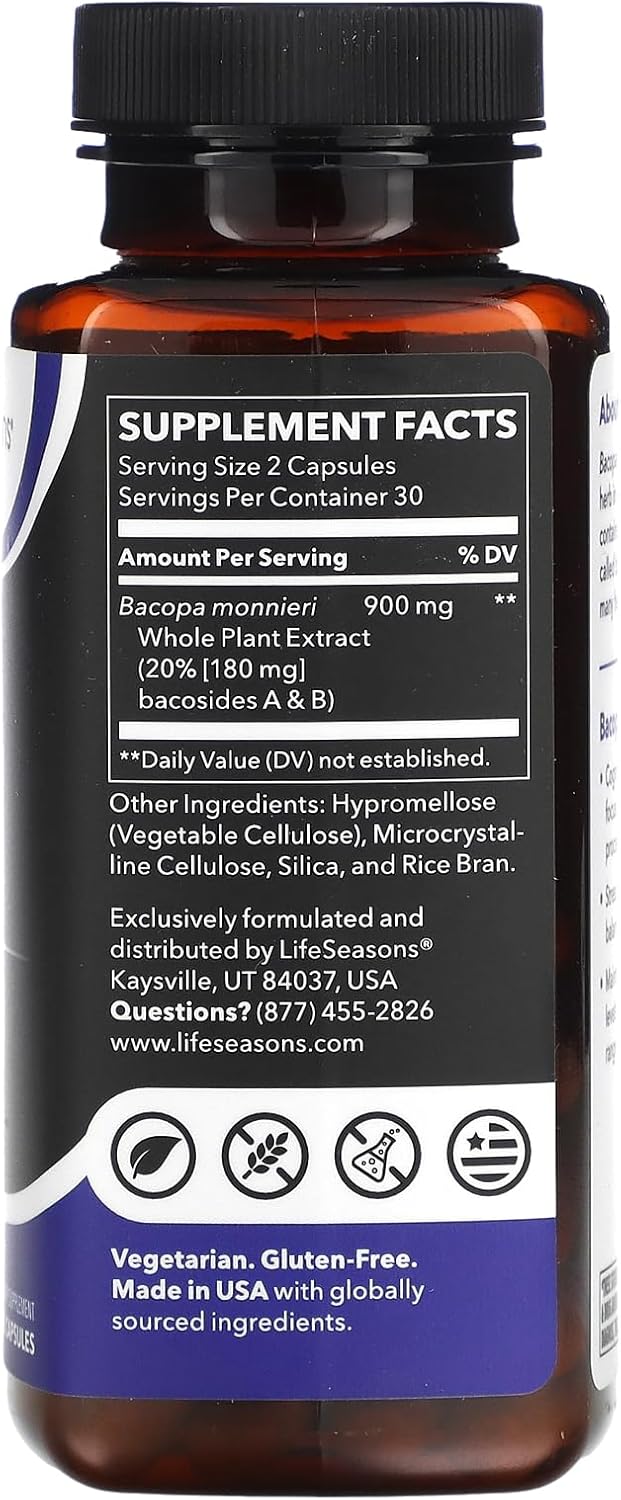 Bacopa Extract Supplement for Memory & Focus - Supports Stress Response - Enhances Cognitive Function - 900mg - 60 Capsules