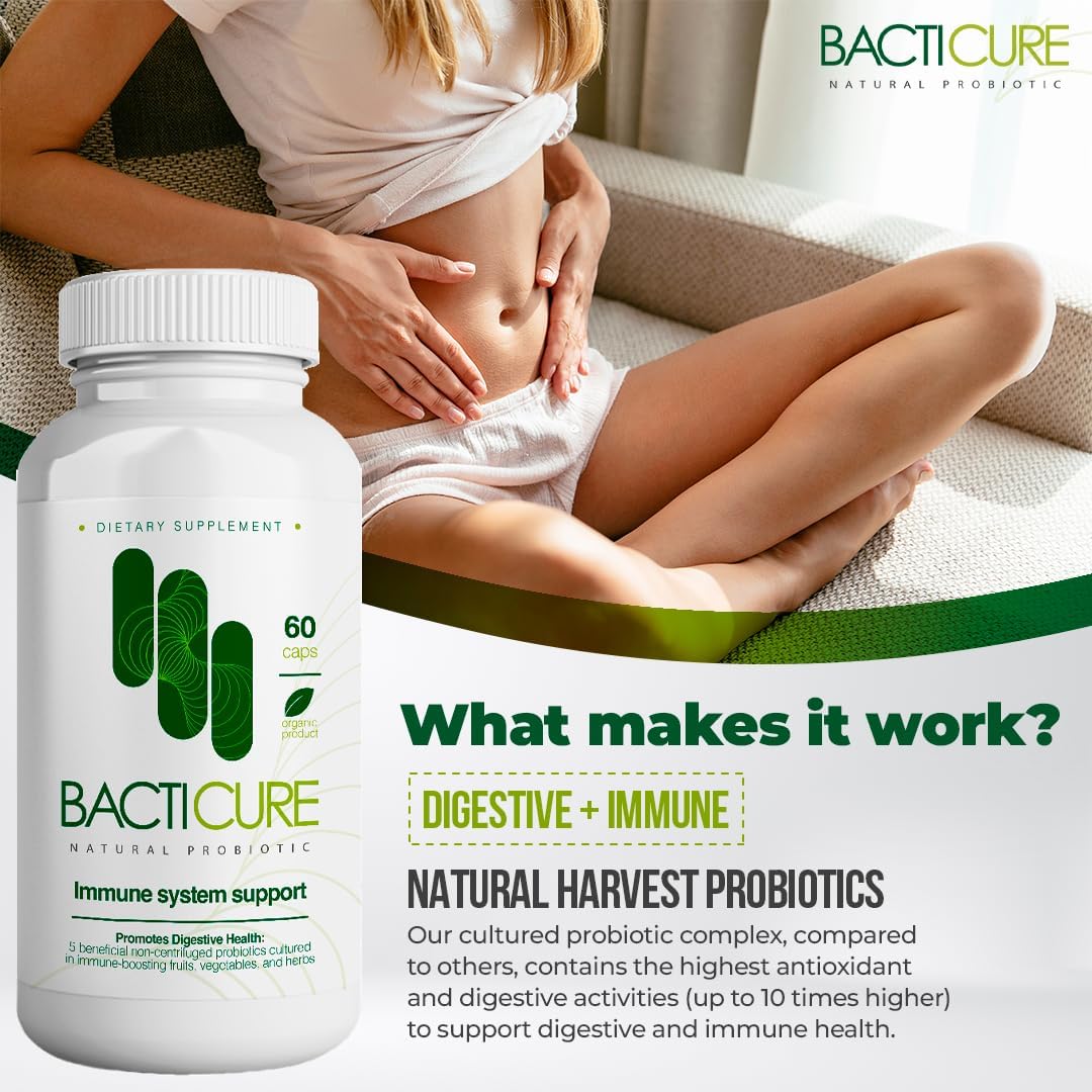 Bacticure High CFU Probiotic Capsules for Digestive & Vaginal Health - 120 Capsules, Women & Men, Prebiotics, Enzymes & Immune Support