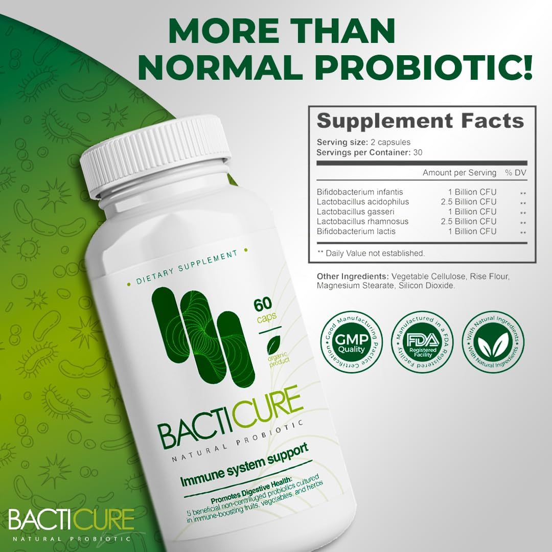 Bacticure High CFU Probiotic Capsules for Digestive & Vaginal Health - 120 Capsules, Women & Men, Prebiotics, Enzymes & Immune Support