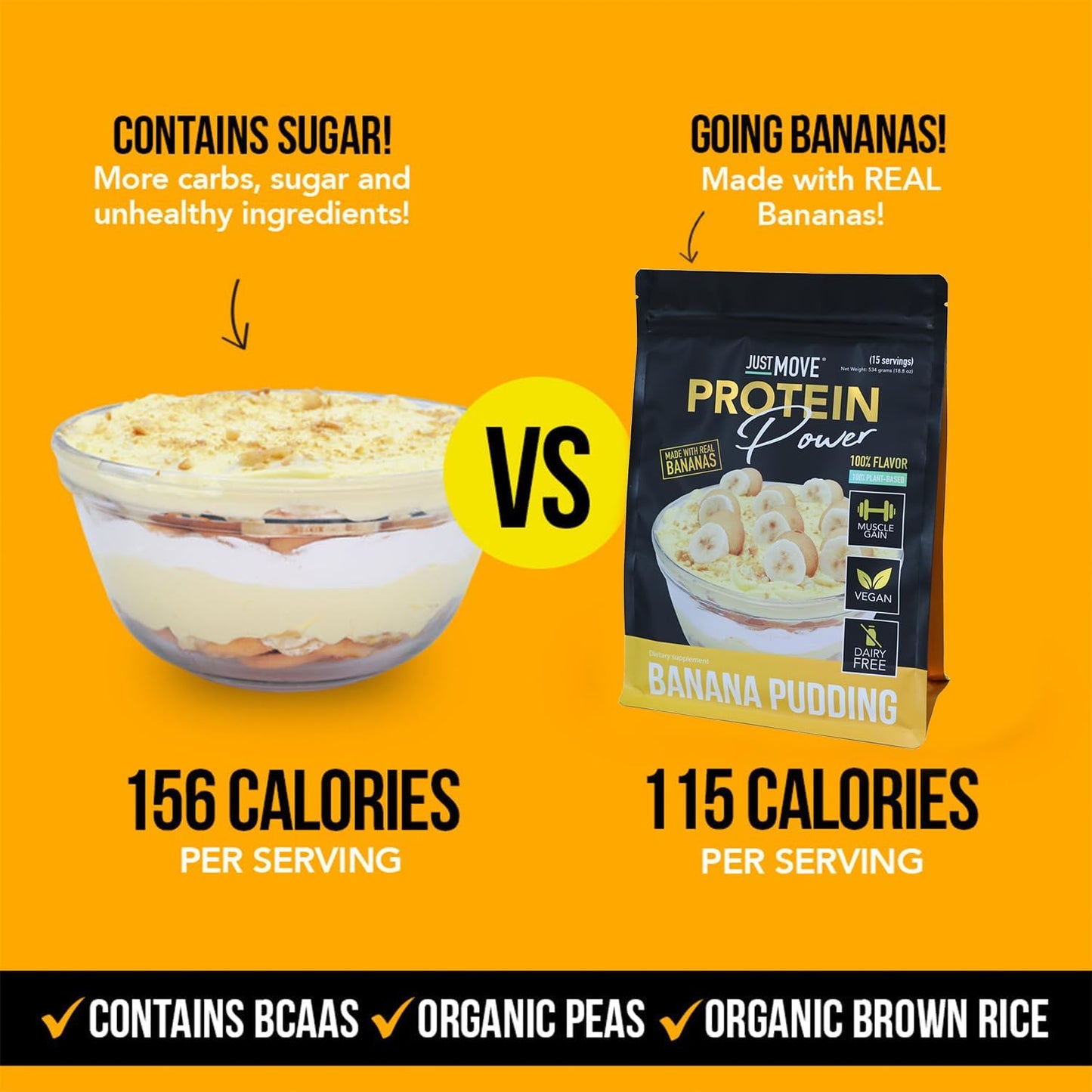 Banana Pudding Protein Powder - Vegan, Organic, Dairy Free, Soy Free, Gluten Free, Keto-Friendly, Peanut Free, 20g Protein, Low Carb, Non-GMO - 16.5 oz
