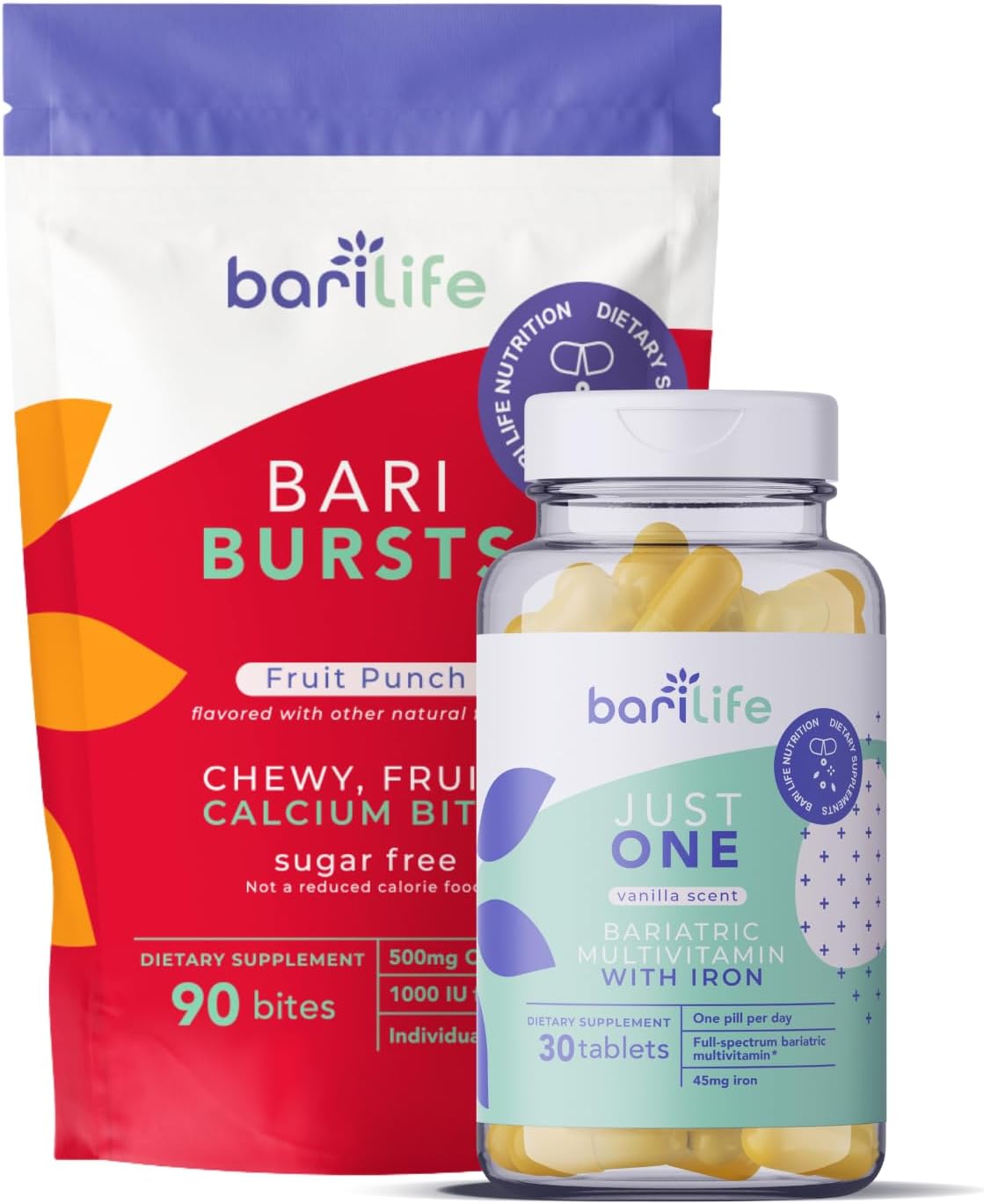 Bari Life One-A-Day Bariatric Multivitamin with Iron + BariBurst Calcium Citrate Soft Chews (Fruit Punch) - 30 Tablets for  Slimming Formula  Surgery