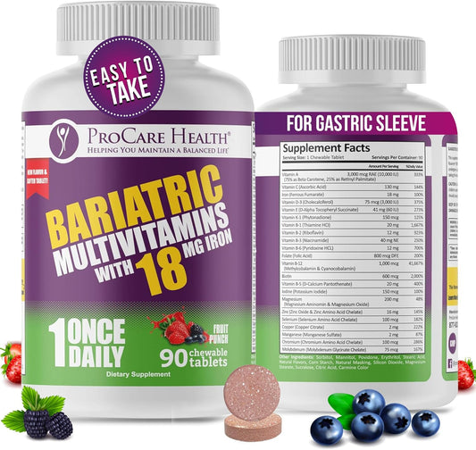 Bariatric Multivitamin Chewable with Iron - Fruit Punch Flavor (90 Tablets) for Gastric Bypass & Sleeve Gastrectomy Patients, 3 Month Supply