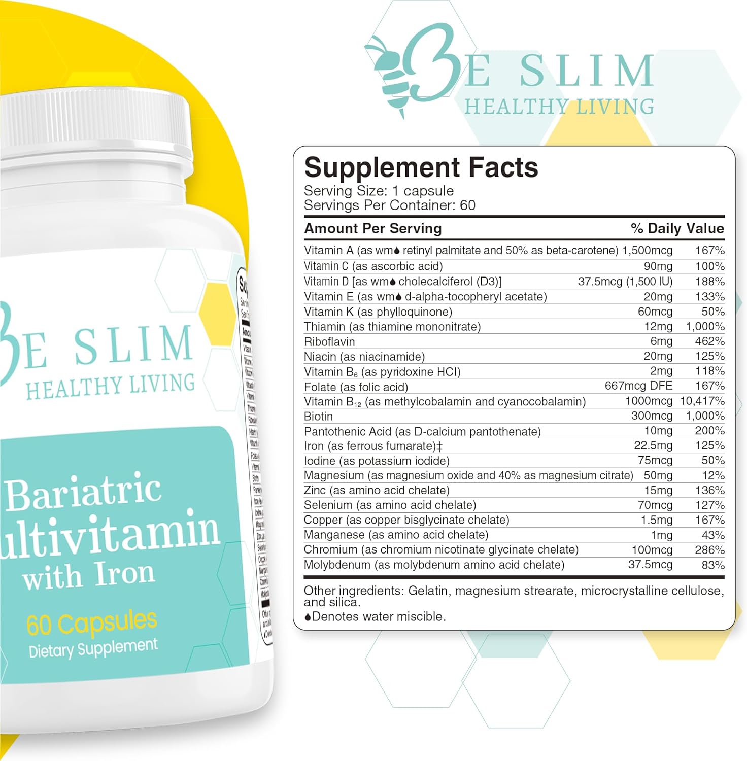 Bariatric Multivitamin with Iron - 22.5mg Iron, 60 Capsules - ASMBS Compliant - Ideal for Bariatric Patients - Daily Supplement for Healthy Living