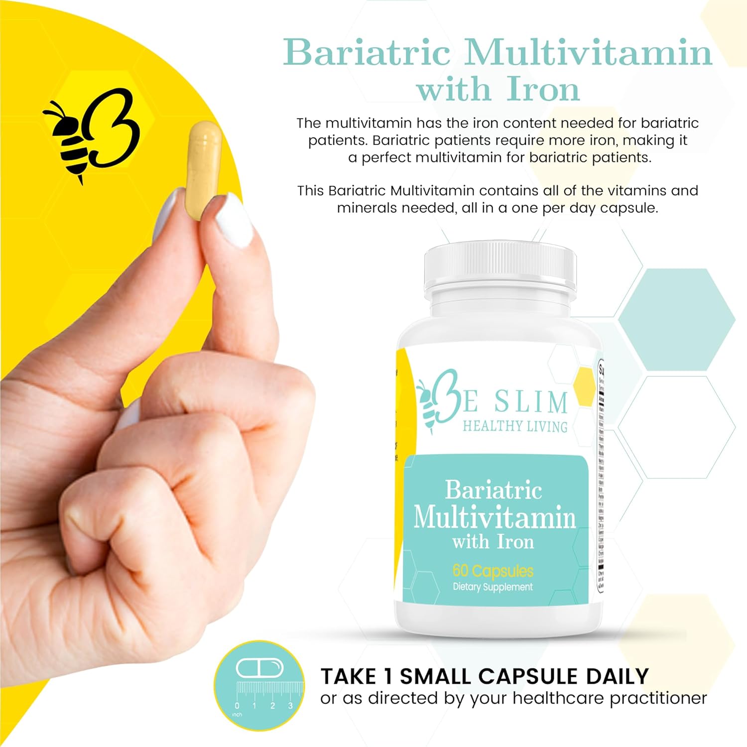 Bariatric Multivitamin with Iron - 22.5mg Iron, 60 Capsules - ASMBS Compliant - Ideal for Bariatric Patients - Daily Supplement for Healthy Living