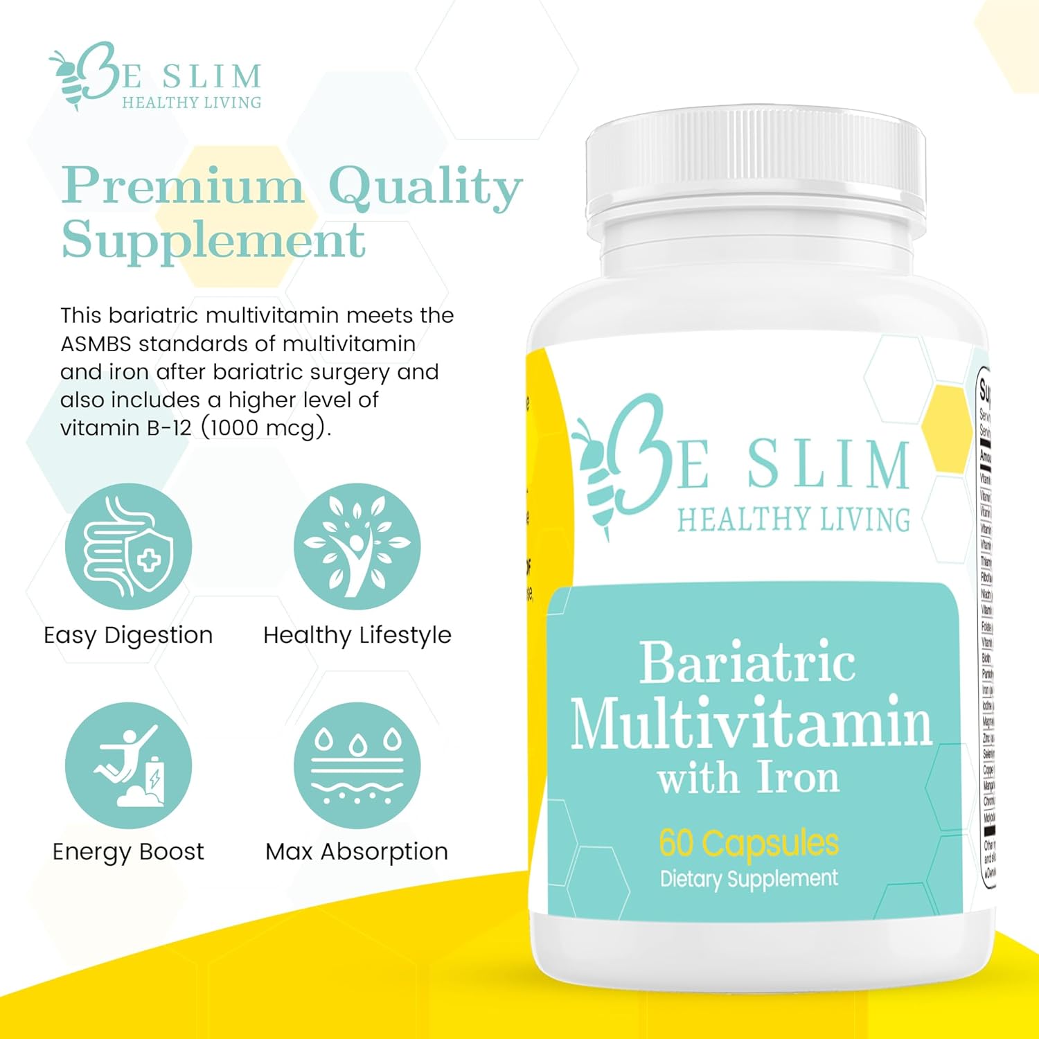 Bariatric Multivitamin with Iron - 22.5mg Iron, 60 Capsules - ASMBS Compliant - Ideal for Bariatric Patients - Daily Supplement for Healthy Living