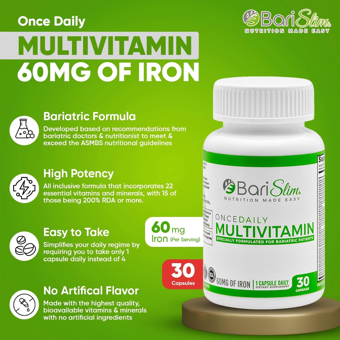 BariSlim Once Daily Bariatric Multivitamin Capsule with Iron - Post Bariatric Surgery Supplement - 30 Day Supply