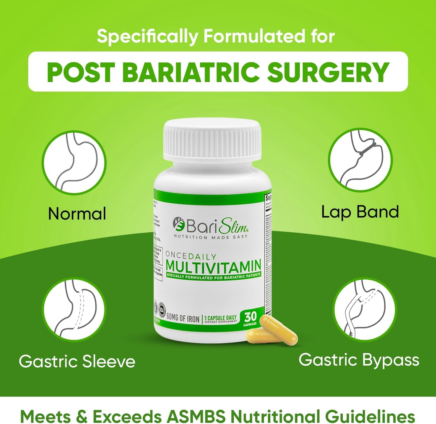 BariSlim Once Daily Bariatric Multivitamin Capsule with Iron - Post Bariatric Surgery Supplement - 30 Day Supply