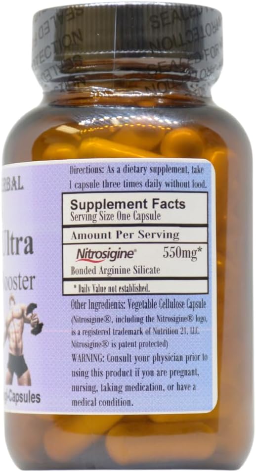 Barlowe's Herbal Elixirs Arginine Ultra Capsules - Nitric Oxide Booster with Nitrosigine - 550mg - Vegan, Kosher, Halal Certified - Stearate Free - Glass Bottle