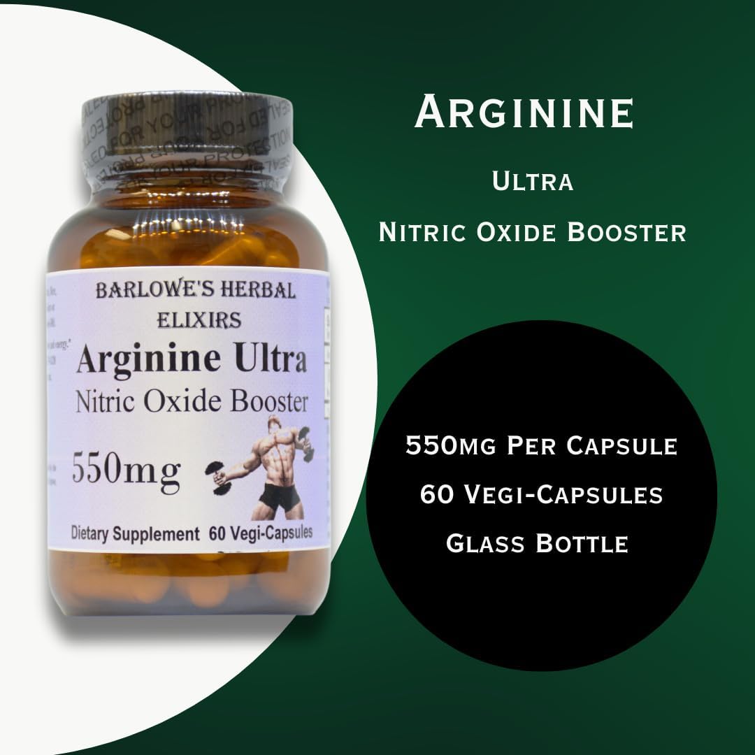 Barlowe's Herbal Elixirs Arginine Ultra Capsules - Nitric Oxide Booster with Nitrosigine - 550mg - Vegan, Kosher, Halal Certified - Stearate Free - Glass Bottle
