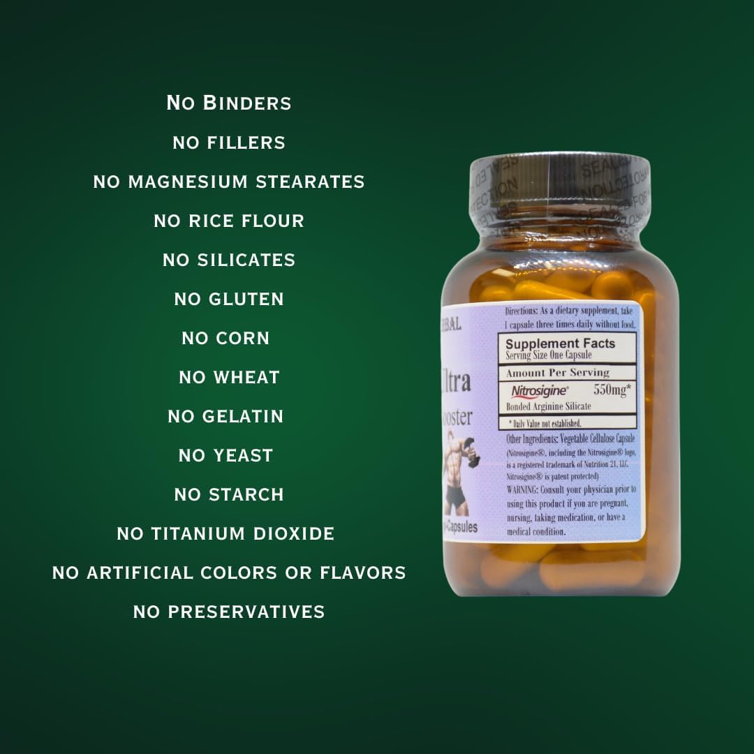 Barlowe's Herbal Elixirs Arginine Ultra Capsules - Nitric Oxide Booster with Nitrosigine - 550mg - Vegan, Kosher, Halal Certified - Stearate Free - Glass Bottle