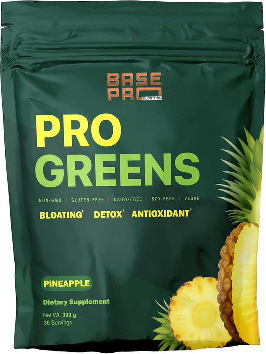 Base Pro Nutrition Pineapple Pro Greens Powder - 300g, 30 Servings - Vegan Superfood for Digestive Health & Antioxidant Support