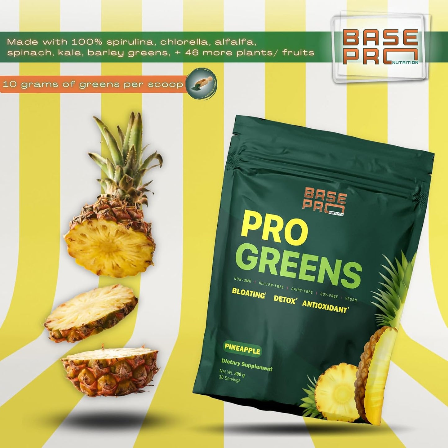 Base Pro Nutrition Pineapple Pro Greens Powder - 300g, 30 Servings - Vegan Superfood for Digestive Health & Antioxidant Support