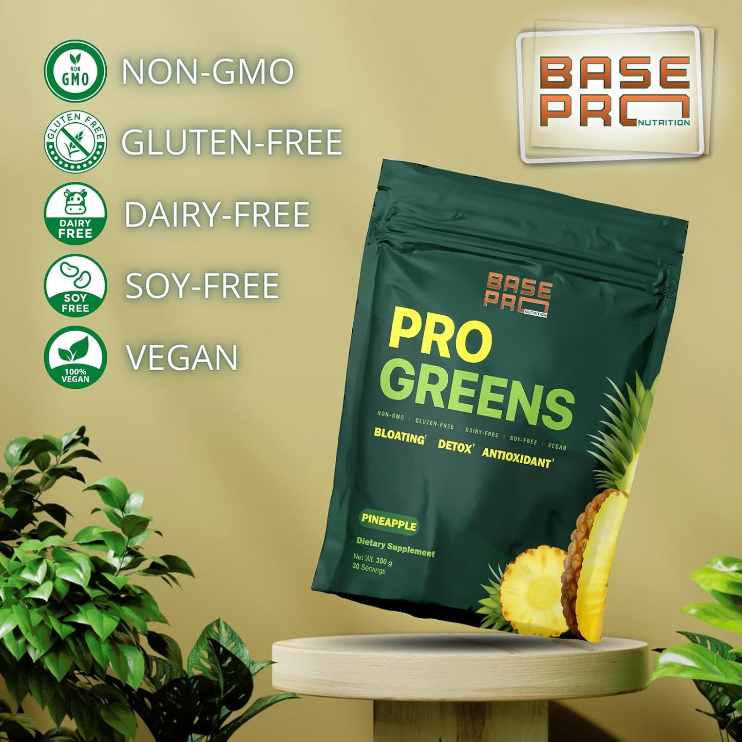 Base Pro Nutrition Pineapple Pro Greens Powder - 300g, 30 Servings - Vegan Superfood for Digestive Health & Antioxidant Support