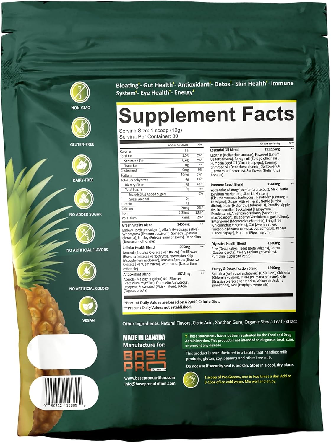 Base Pro Nutrition Pineapple Pro Greens Powder - 300g, 30 Servings - Vegan Superfood for Digestive Health & Antioxidant Support