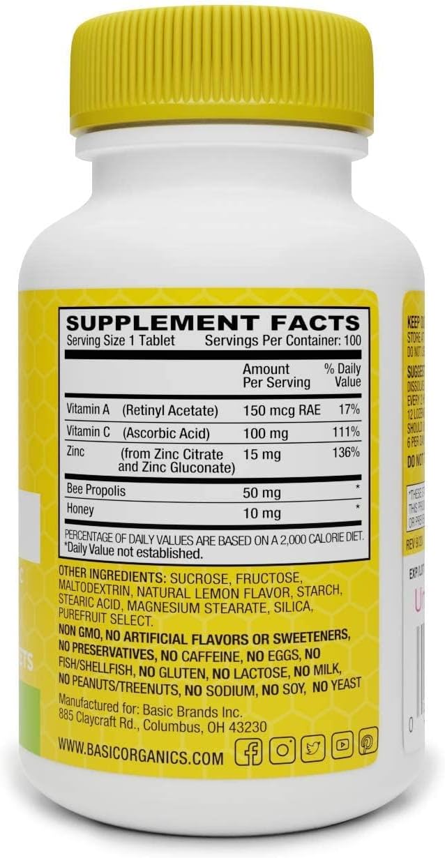 Basic Organics Zinc Lozenges - 100 Count Lemon Flavored - Basic Brands