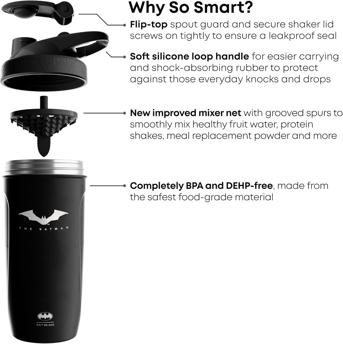 Batman Stainless Steel Protein Shaker Bundle with Funnel and Storage Containers - 900ml Shaker, 110ml Funnel, 200ml Containers