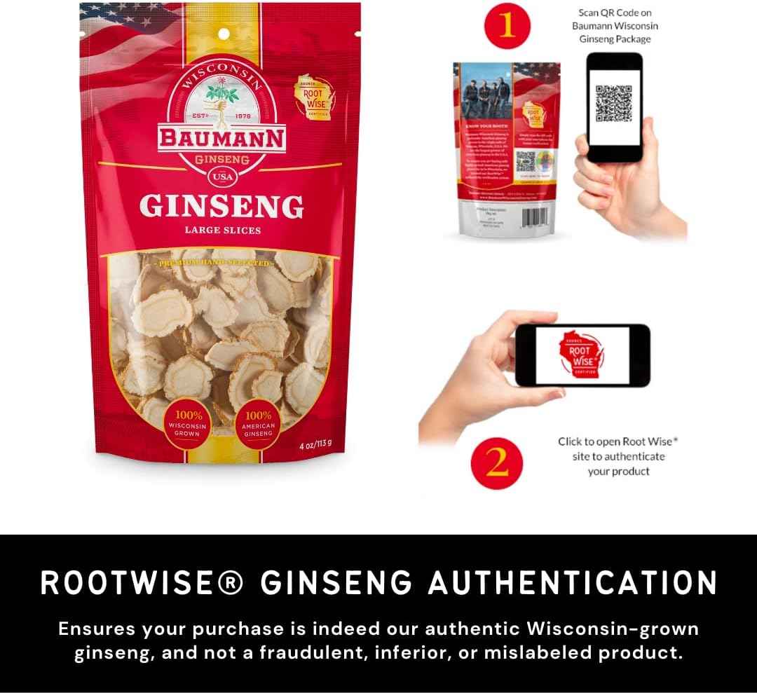 Baumann Wisconsin Ginseng - Large Slices 4 oz - 100% Natural Panax Ginseng Herb, Pure Dried American Ginseng for Immune Support, Enhanced Focus and Energy