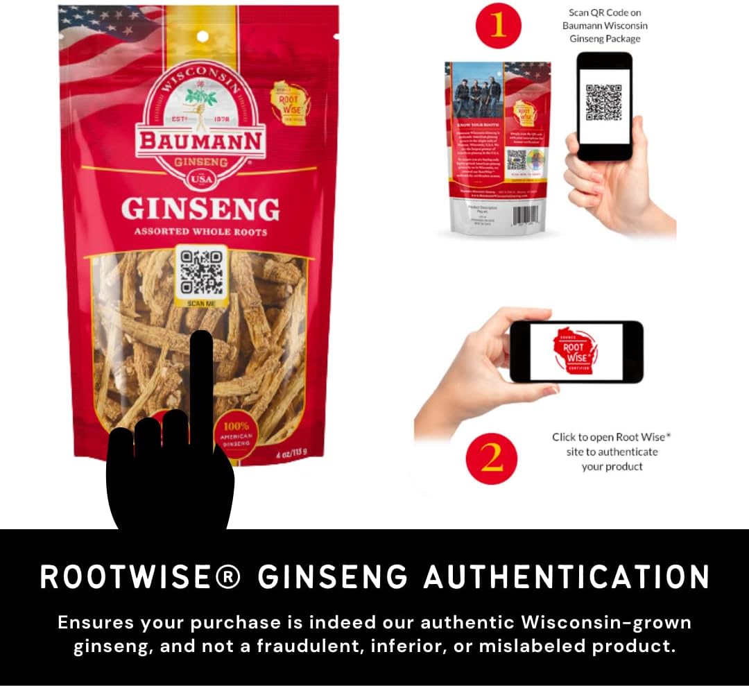 Baumann Wisconsin Ginseng Assorted Whole Roots 4 oz - 100% Natural Panax Ginseng Herb, Pure Dried American Ginseng for Energy Boost