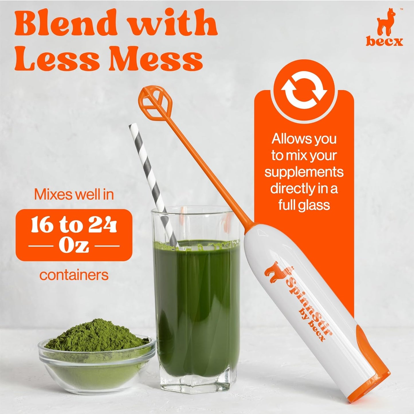 Becx Spinnstir Portable Handheld Drink Mixer for Protein Powder & Superfoods - Easy Clean & Less Mess - Green Color
