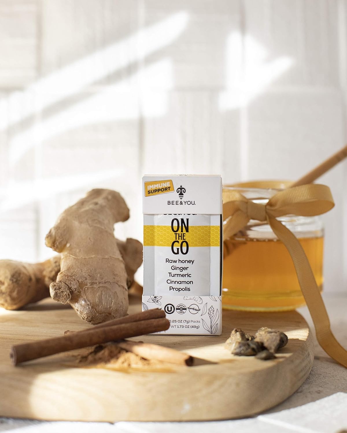 BEE & YOU On The Go Immune Support Supplement with Raw Honey, Propolis, Turmeric, Cinnamon, Ginger - Superfood for Kids & Adults - 12 Pack of 1.73 oz Each