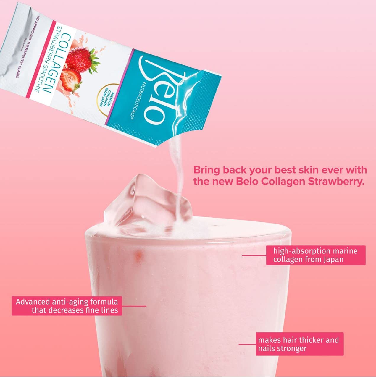 BELO Collagen Strawberry Smoothie Powder - 10 Sachets, 16g Each