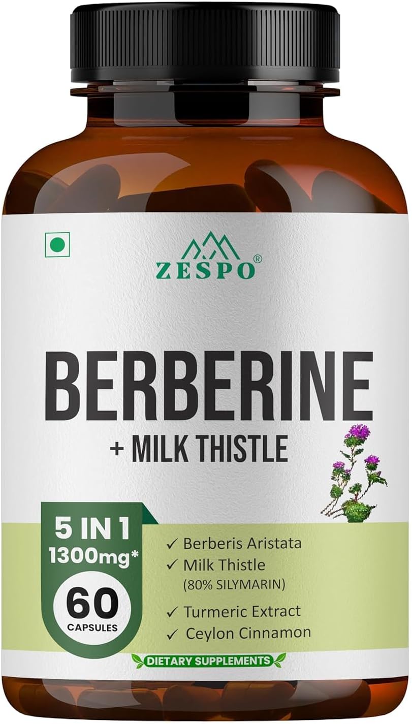 Berberine Capsules Supplement with Milk Thistle, Turmeric, Cinnamon - 60 Capsules for Adults - 30 Day Supply