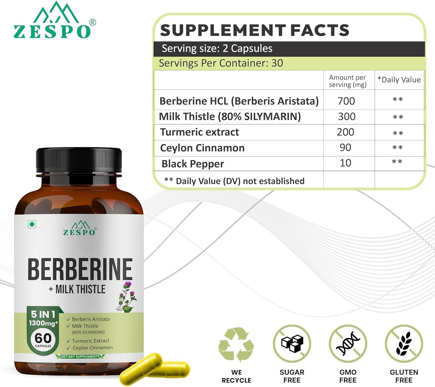 Berberine Capsules Supplement with Milk Thistle, Turmeric, Cinnamon - 60 Capsules for Adults - 30 Day Supply