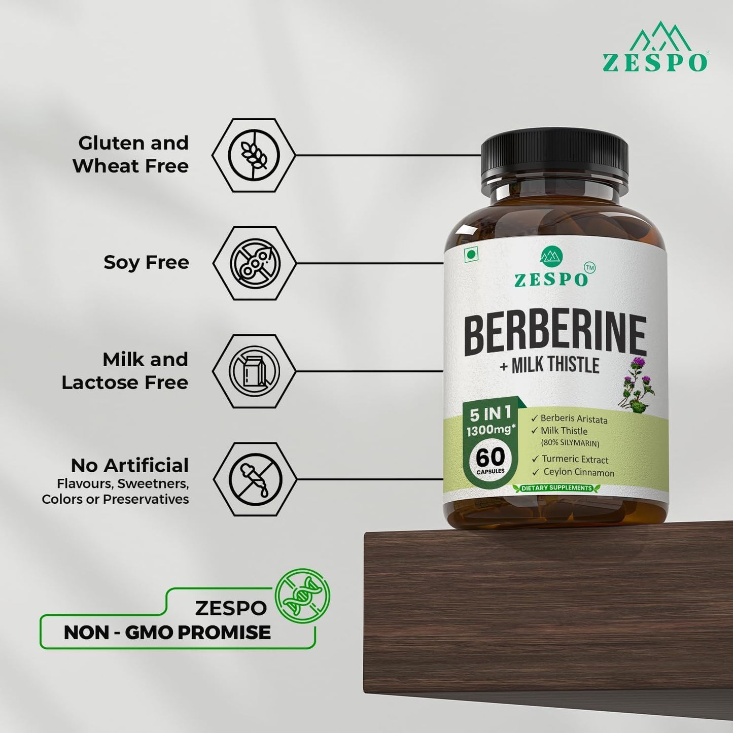 Berberine Capsules Supplement with Milk Thistle, Turmeric, Cinnamon - 60 Capsules for Adults - 30 Day Supply