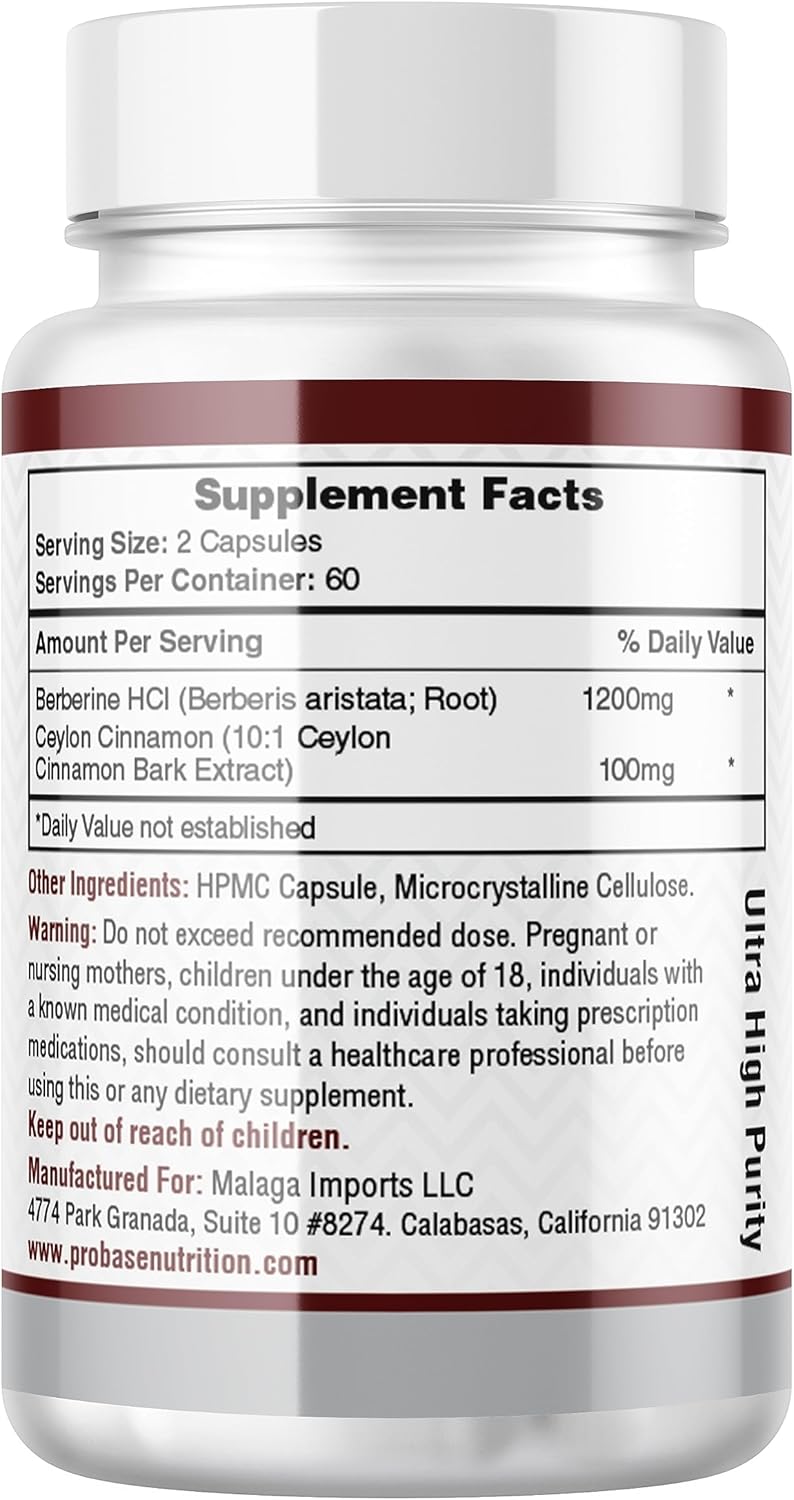 Berberine with Cinnamon Extract Capsules - Gluten Free, Vegan, 1200mg per Serving