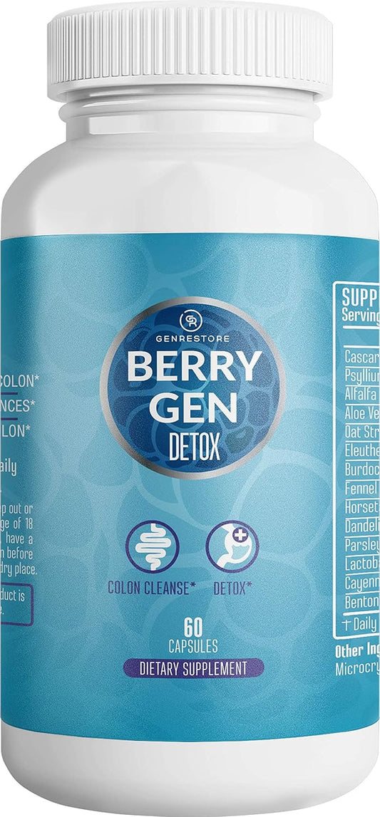 Berry Gen Detox Herbal Supplement with Probiotics, Aloe Vera, Psyllium Husk, and Parsley - 60 Capsules - Natural Digestive Support Formula - USA Made