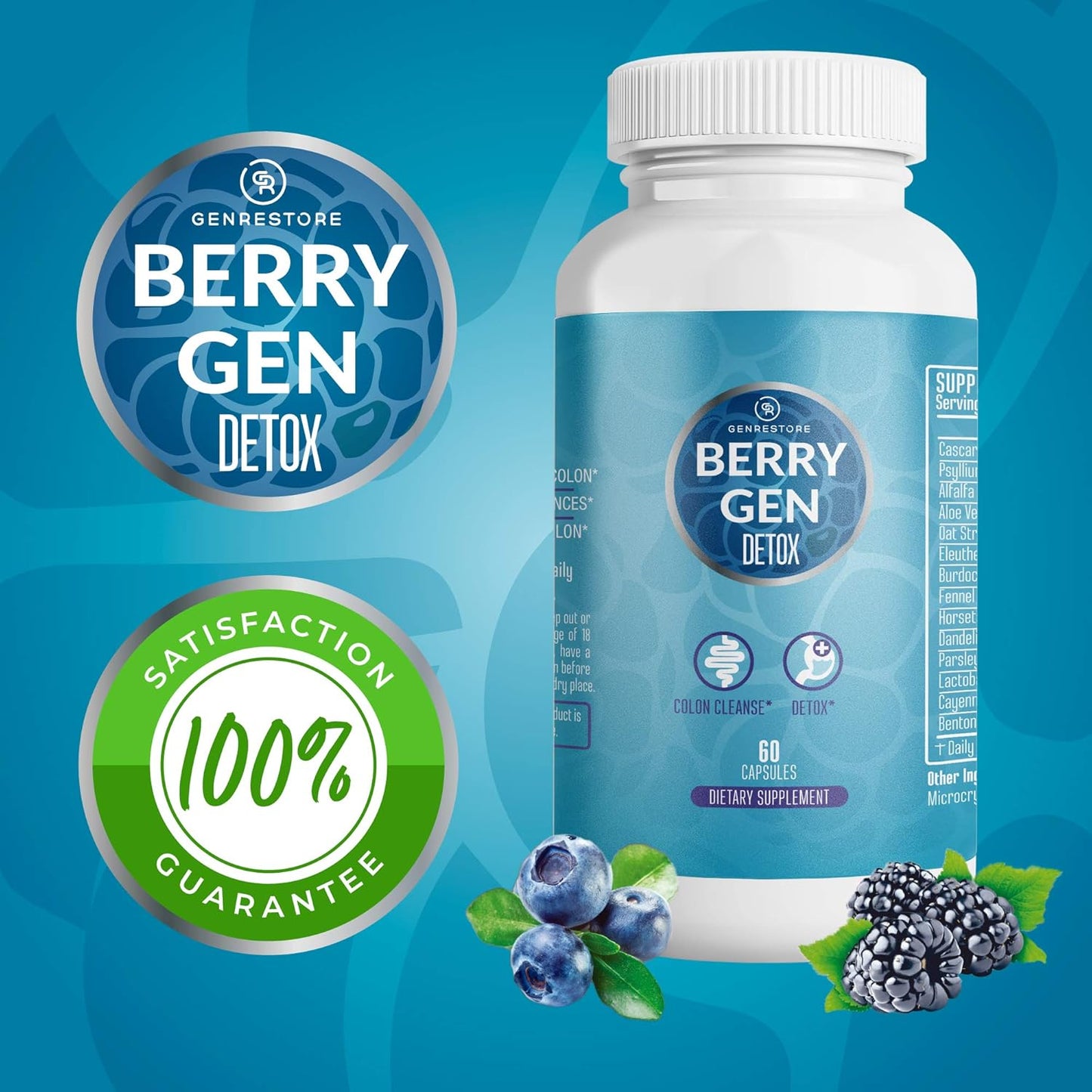 Berry Gen Detox Herbal Supplement with Probiotics, Aloe Vera, Psyllium Husk, and Parsley - 60 Capsules - Natural Digestive Support Formula - USA Made