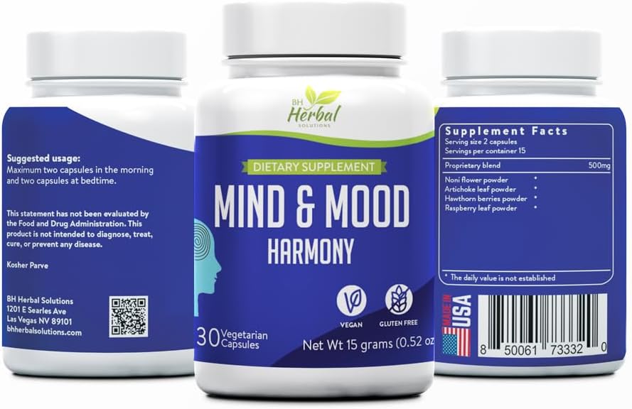 BH Herbal Solutions Mind and Mood Harmony Supplement - Enhance Focus, Mood Stability, and Emotional Well-being - Non Drowsy Herbal Formula