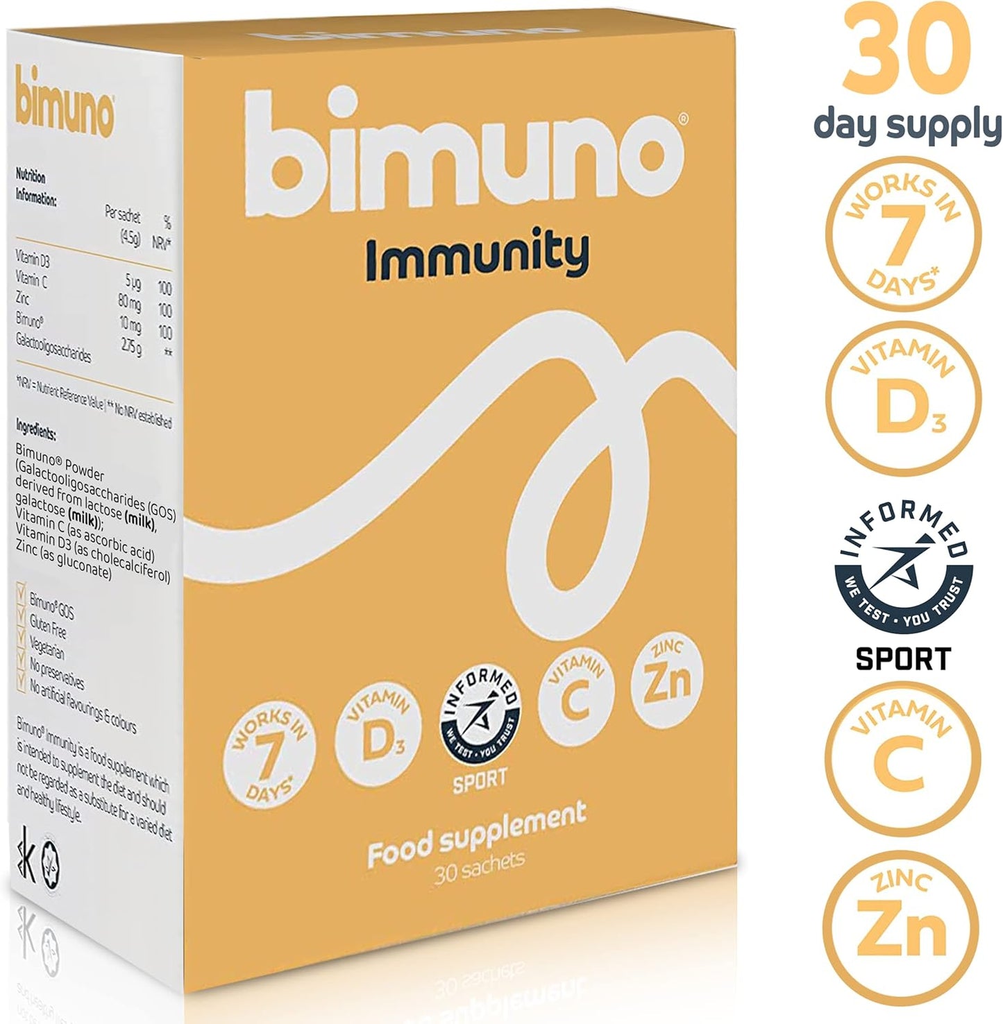 BIMUNO Immunity Prebiotic Multivitamin Supplement with Vitamin D3, C & Zinc - Vegetarian, Gluten Free, Halal & Kosher - 30 Sticks