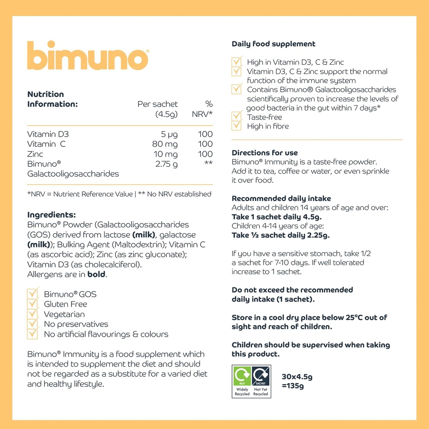 BIMUNO Immunity Prebiotic Multivitamin Supplement with Vitamin D3, C & Zinc - Vegetarian, Gluten Free, Halal & Kosher - 30 Sticks