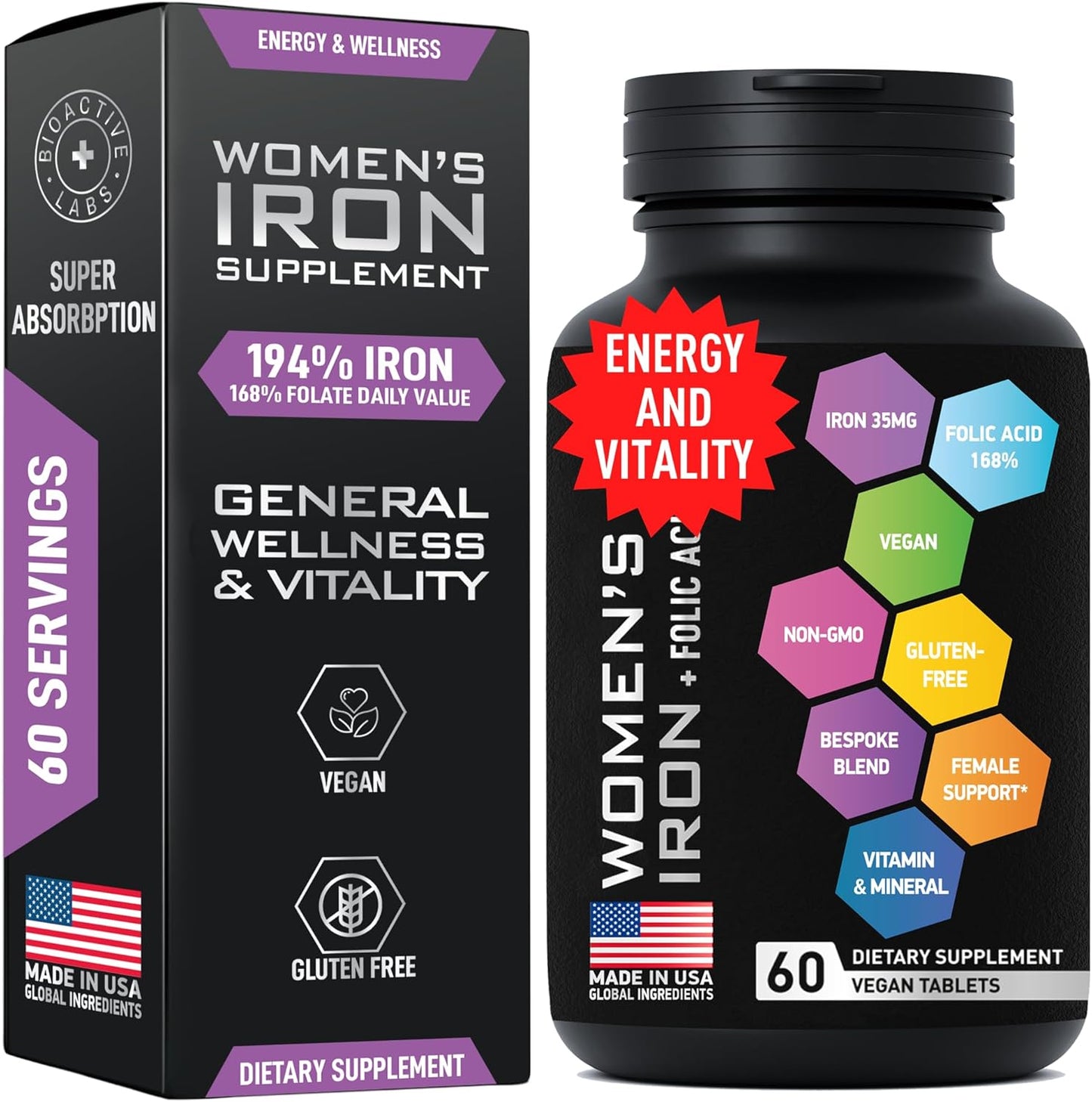 BIOACTIVE LABS Women's Iron, Folic Acid, and Liquid Collagen Bundle for Anemia, Pregnancy, and Beauty Support