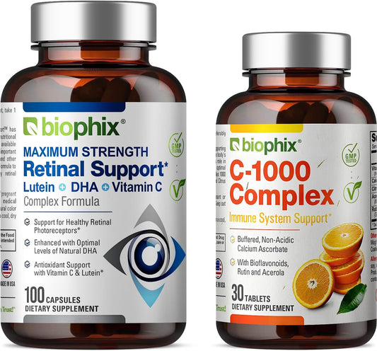 biophix Maximum Strength Retinal Support Complex - 100 Capsules with Free C-1000 Tablets - Vitamin C, E, Lutein, DHA, Omega-3, Zinc, Astaxanthin, and Hyaluronic Acid - Promotes Eye Health and Vision