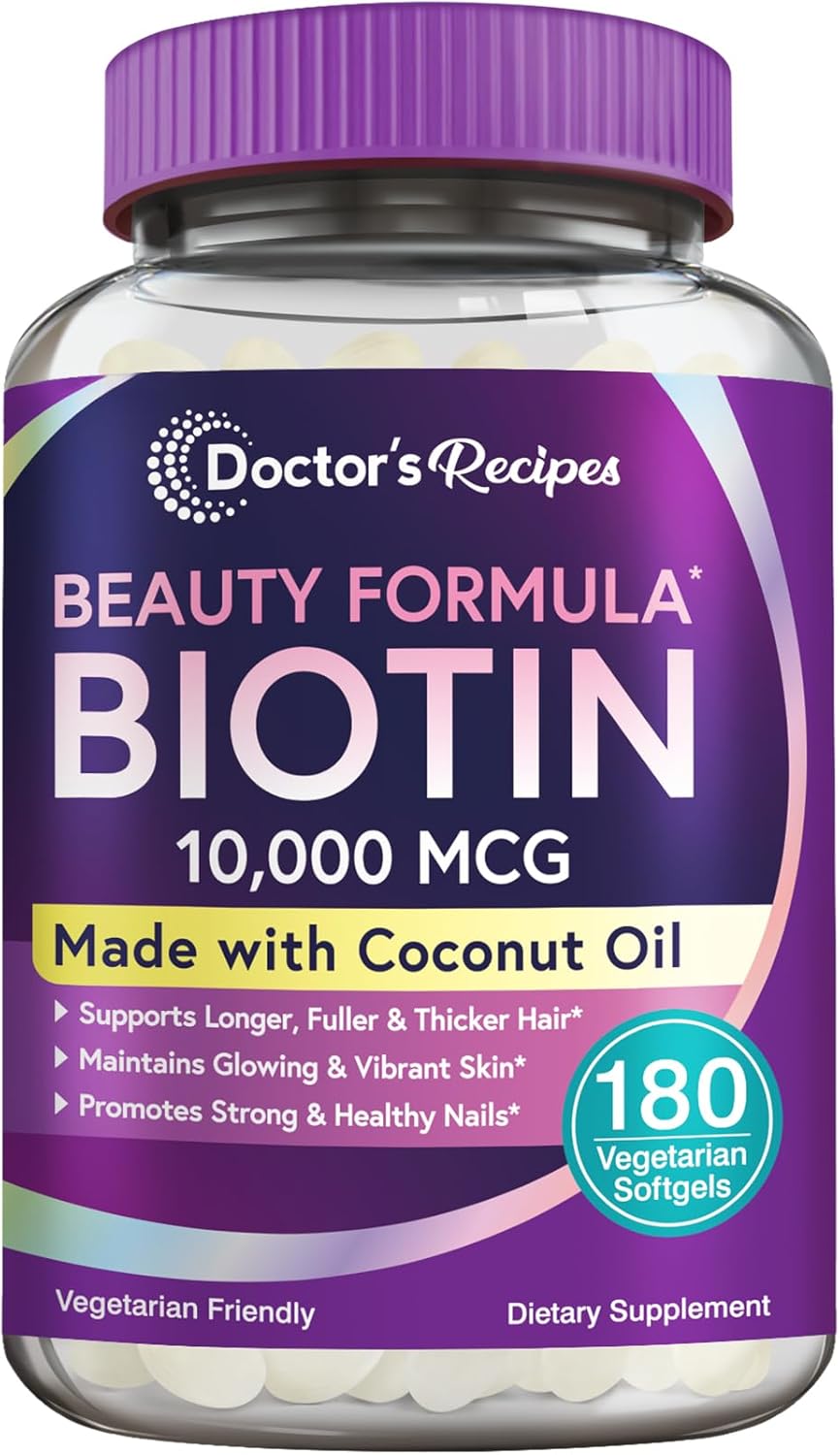 Biotin 10,000 mcg Softgels for Hair, Skin, Nails & Energy Metabolism - 6 Month Supply with Coconut Oil - Non-GMO & Vegetarian