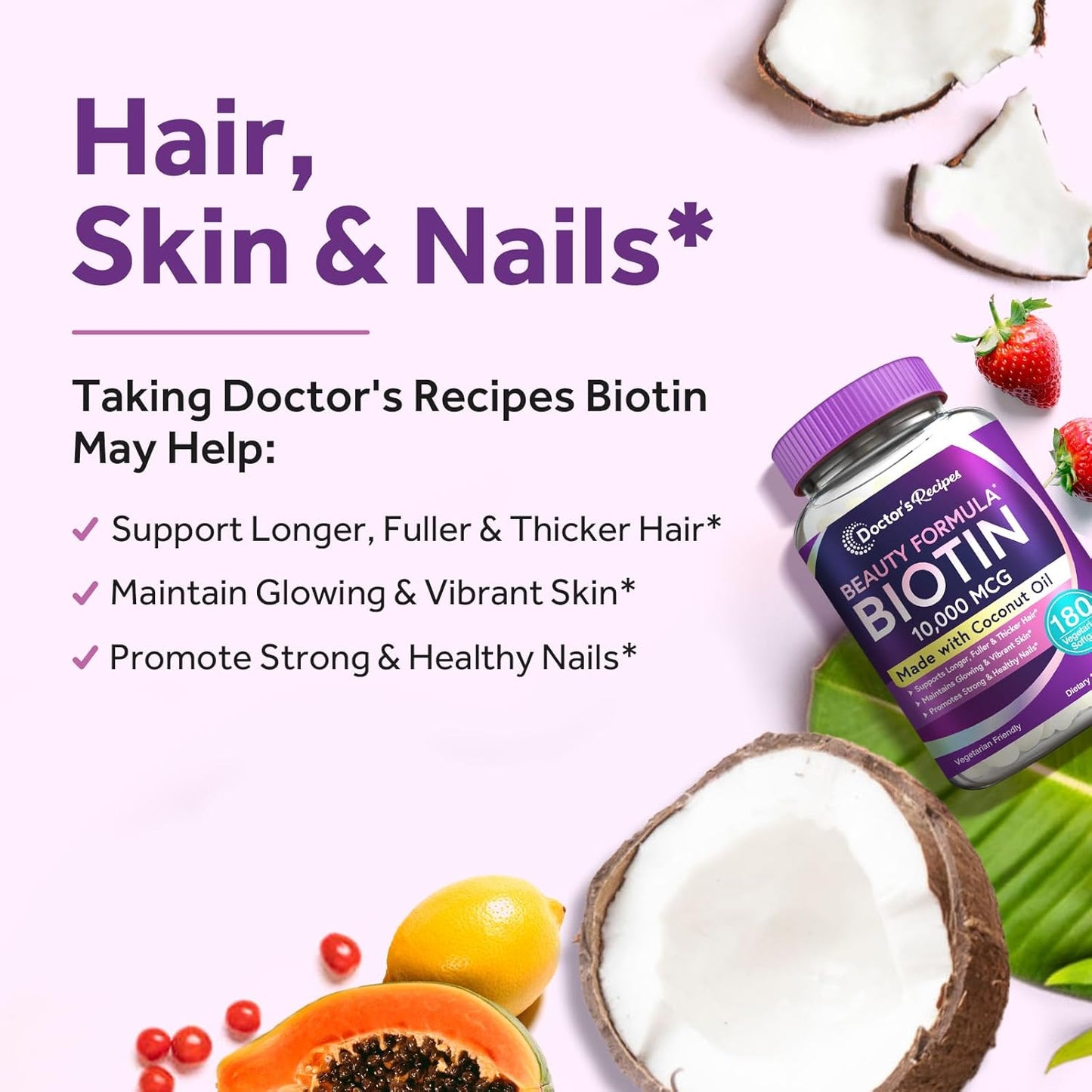 Biotin 10,000 mcg Softgels for Hair, Skin, Nails & Energy Metabolism - 6 Month Supply with Coconut Oil - Non-GMO & Vegetarian