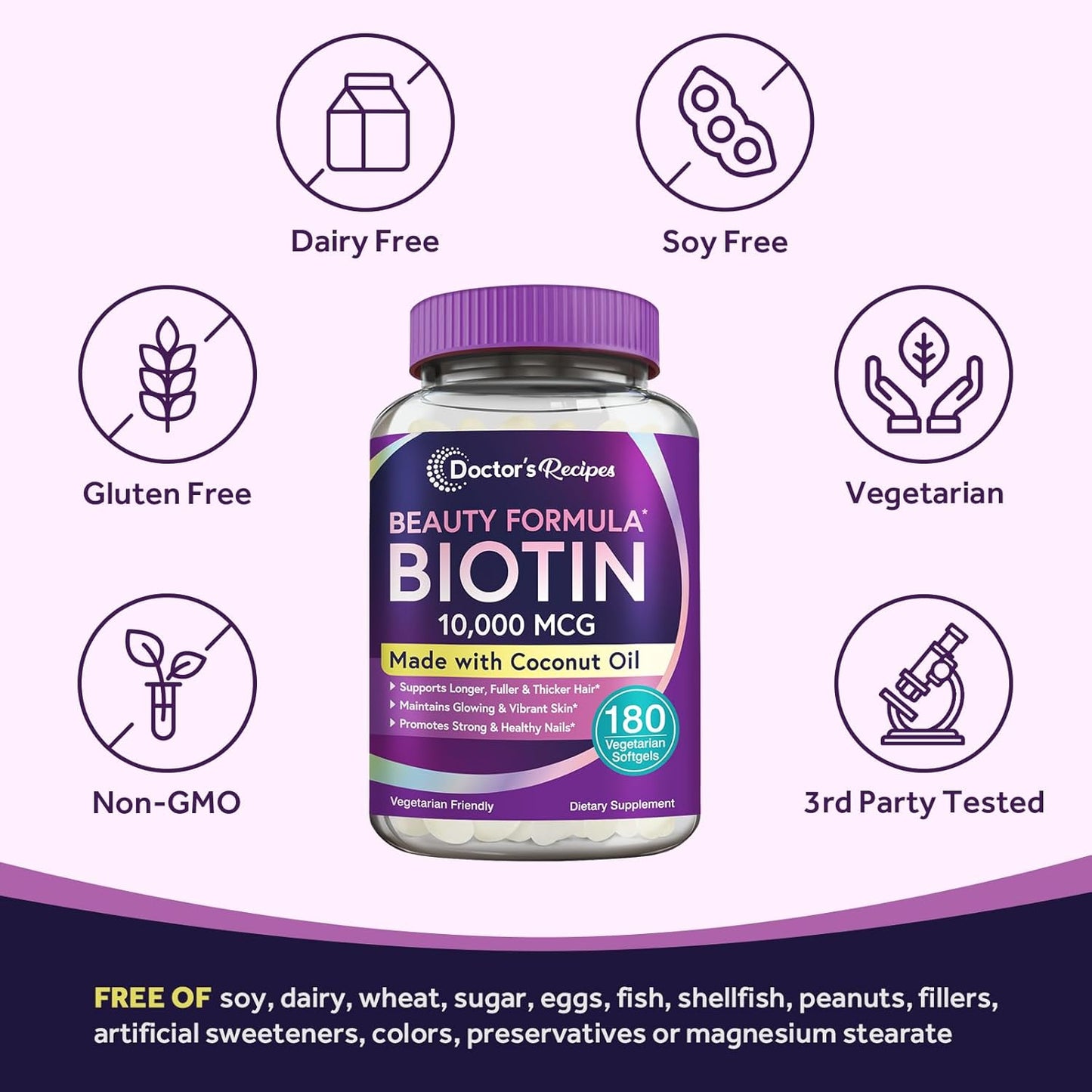 Biotin 10,000 mcg Softgels for Hair, Skin, Nails & Energy Metabolism - 6 Month Supply with Coconut Oil - Non-GMO & Vegetarian