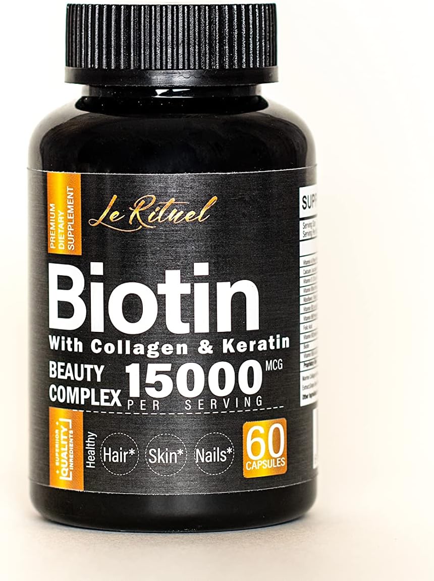 Biotin Vitamins with Collagen & Keratin - Hair Growth Supplement - 15000 mcg Capsules - Vitamins A,D,B Complex - Healthy Vegan - 60 Count