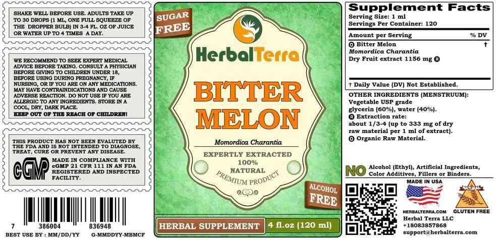 Bitter Melon (Momordica Charantia) Glycerite, Organic Dried Fruit Alcohol-Free Liquid Extract (Brand Name: HerbalTerra, Proudly Made in USA) 4 fl.oz (120 ml)